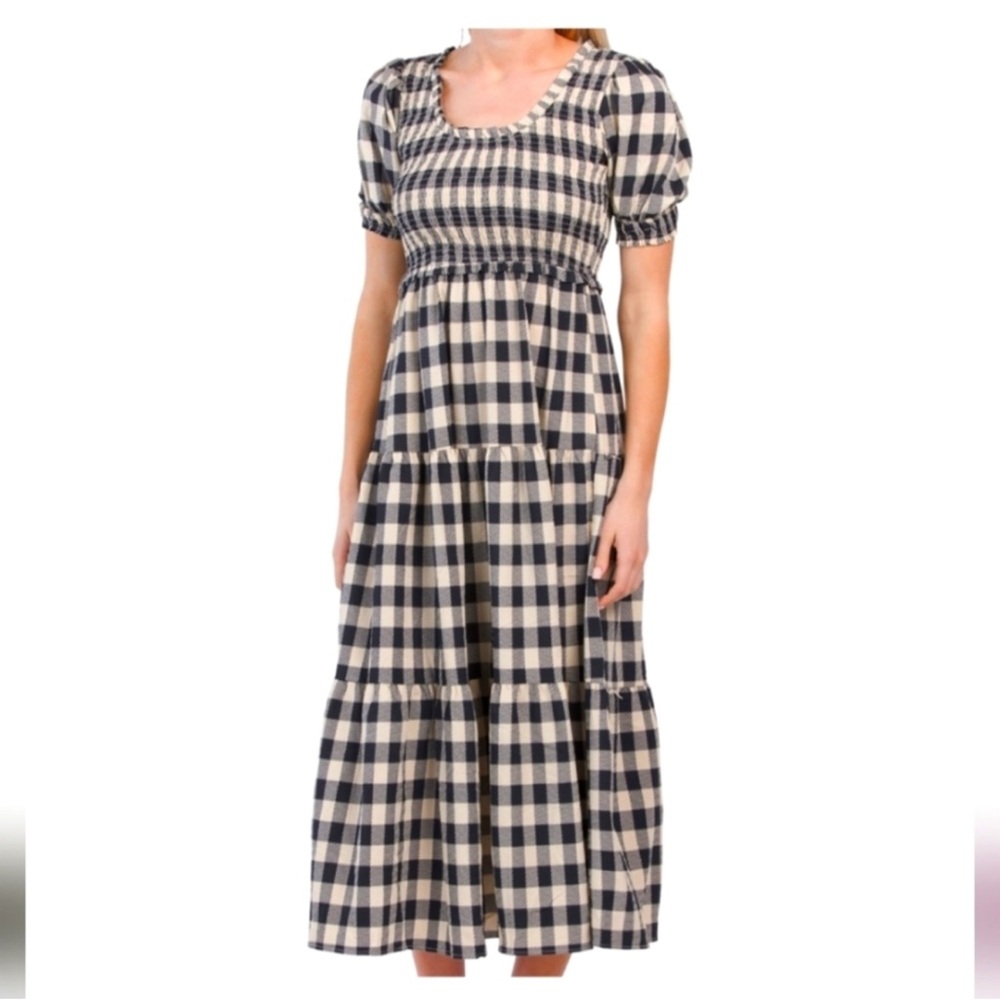 Moon River Navy Blue Gingham Maxi Dress Smocked Puff Sleeves Size Medium